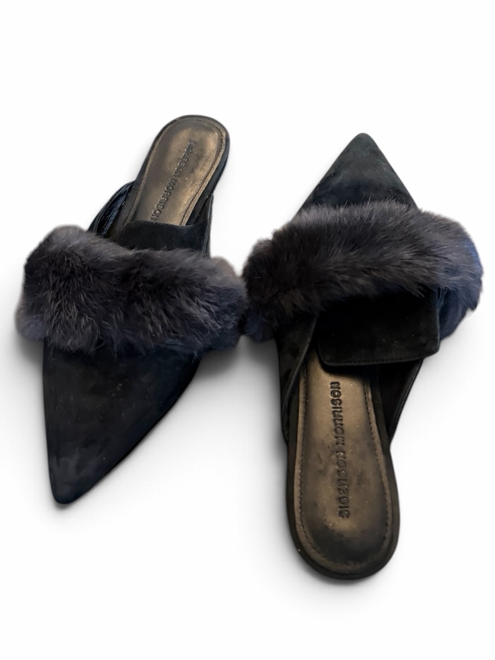 Sigerson Morrison "Kaden" Soft Fur-Trimmed Black Matte Suede Mules Sz EU 38